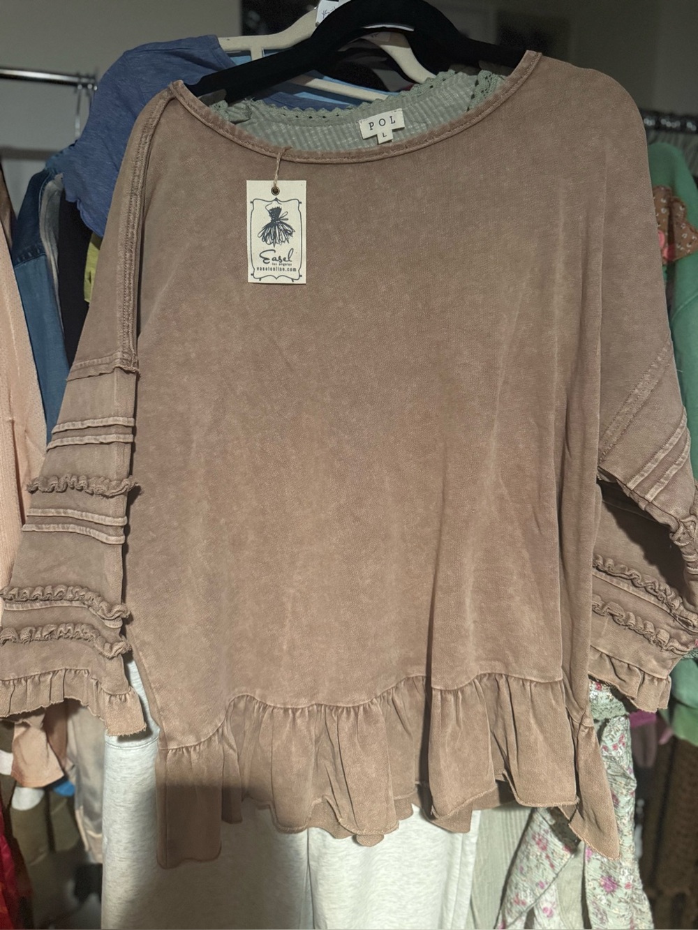 Easel Washed Ruffle-Hem sweatshirt in Taupe